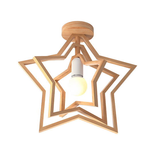 Nordic Style Wood Geometric Cage Flush Ceiling Light Fixture For Corridors