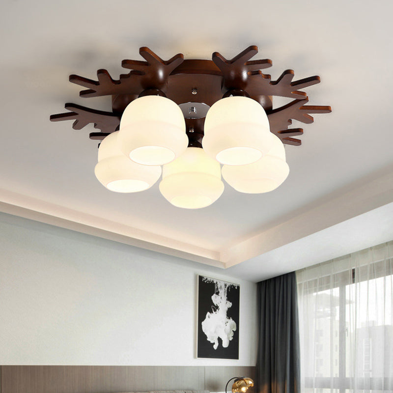 Nordic - Style Wood Flush Ceiling Light With Antler Design And White Glass Shade