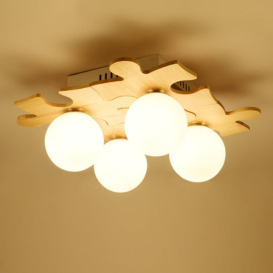 Japanese Style Round Flush Mount Ceiling Light Fixture With White Glass And Wooden Accent - 4 Bulb