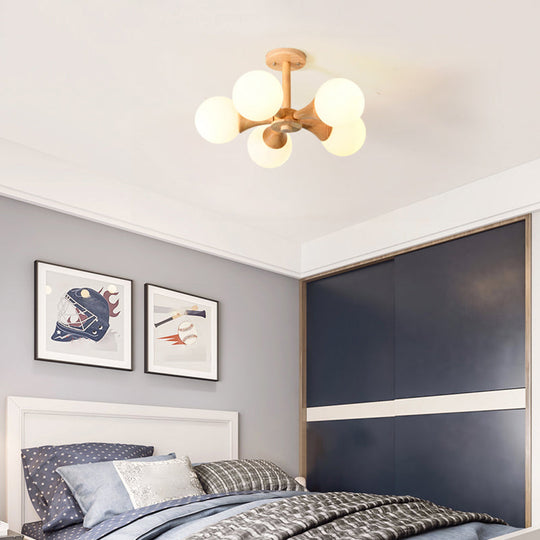 White Glass Flush Mount Chandelier With Nordic Style Ball Wood Canopy - Perfect For Bedrooms