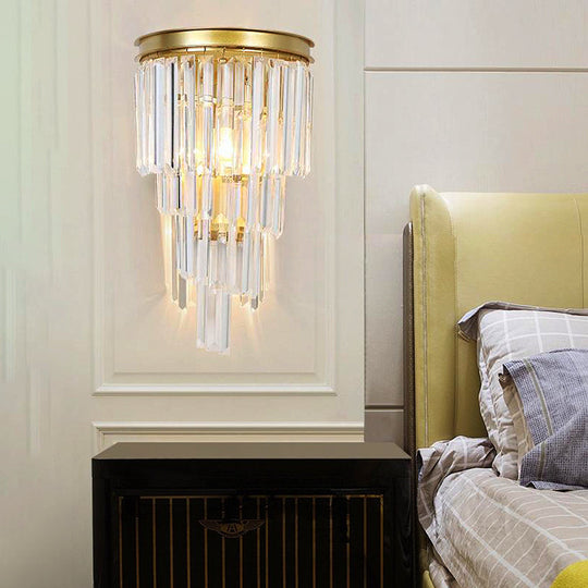 Modern Golden Wall Lamp With Clear Crystal Block - Bedside Lighting Fixture