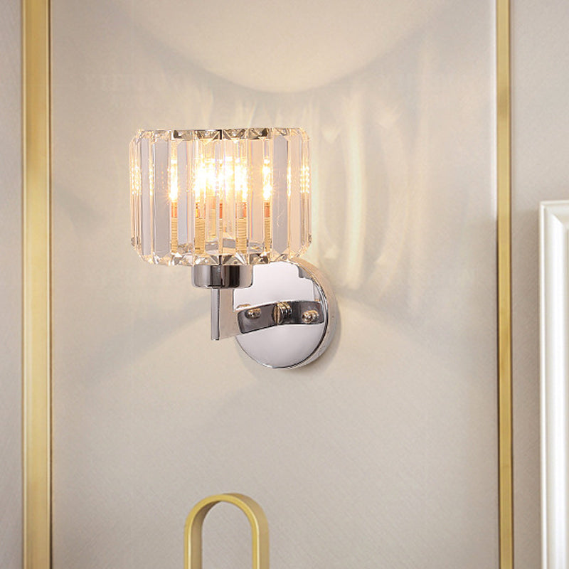 Modern Chrome Wall Sconce Light With Crystal Rod Shade - 1-Light Hallway Mount