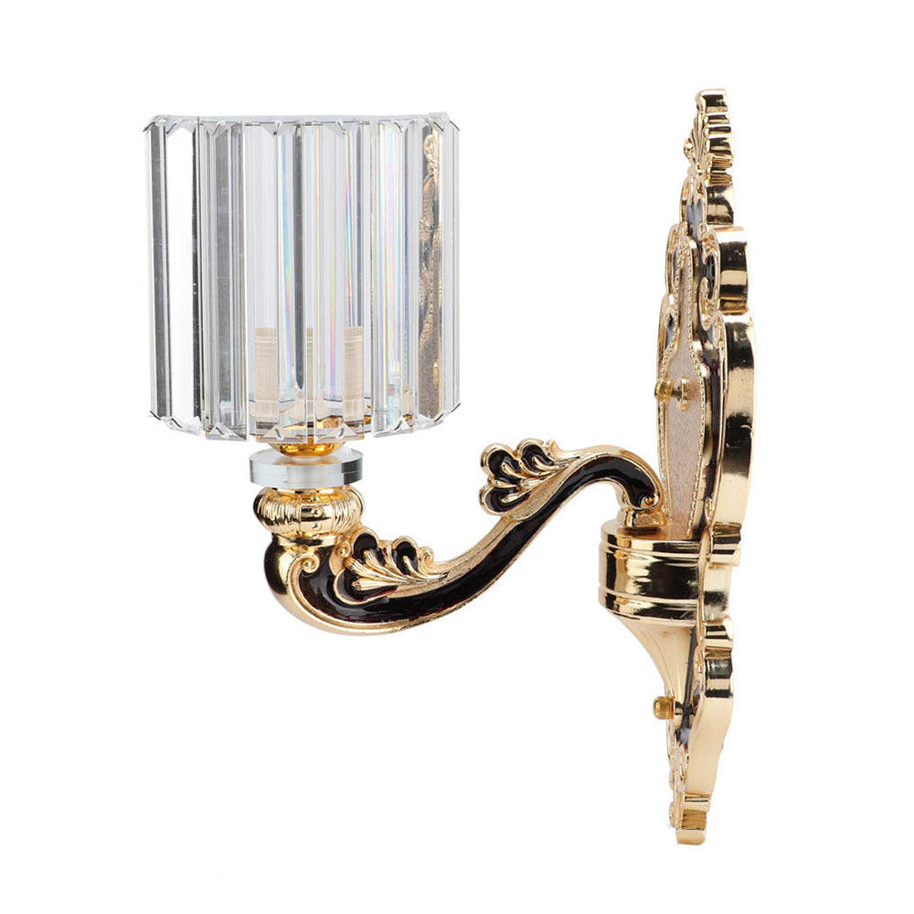 Gold Crystal Cylinder Sconce Light - Rectangular-Cut Contemporary Bedroom Wall Mount