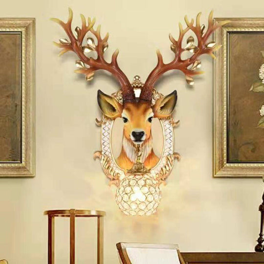 Vintage Brown Globe Wall Light - 1-Light Crystal And Metal Sconce With Deer Backplate
