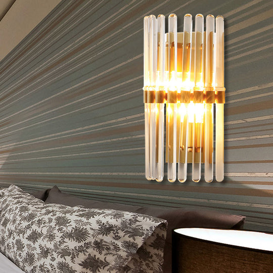 Clear Crystal Half-Cylindrical Wall Sconce Lamp: Contemporary Brass Finish Lighting For Bedroom