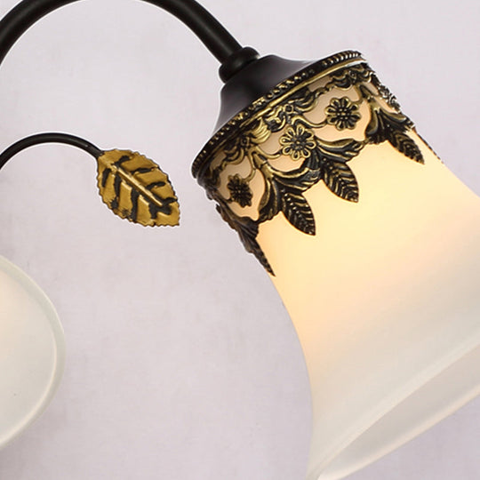 Vintage Frosted Glass Wall Sconce With Curved Arm - Black Bell 1/2-Light Fixture For Foyer