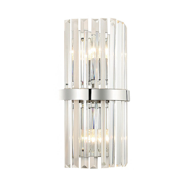Clear Crystal Cylinder Wall Sconce In Chrome - Contemporary 2 Light Bedroom Lighting Fixture