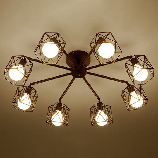 Retro Radial Iron Pendant Light With 8 Bulbs For Barbershop In Black