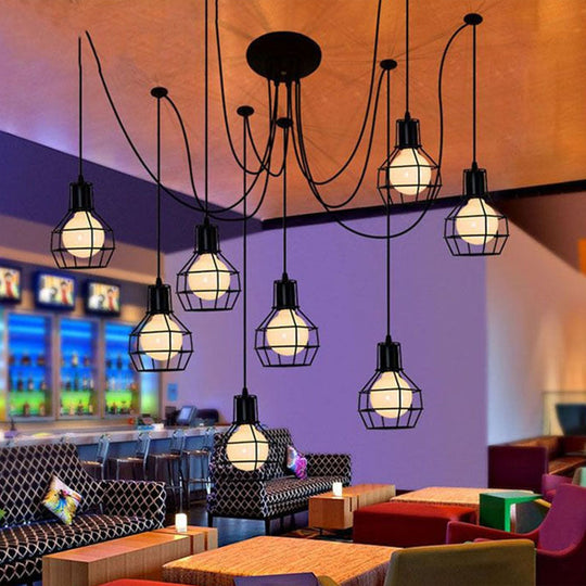 Black Spider Iron Multi-Light Pendant Industrial Lighting With Grenade Cage For Restaurants - 8