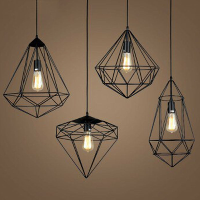 Retro Style Black Iron Gemstone Frame Pendant Ceiling Light For Restaurants - 1 Head Suspension