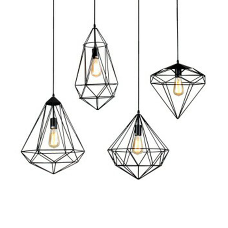 Retro Style Black Iron Gemstone Frame Pendant Ceiling Light For Restaurants - 1 Head Suspension