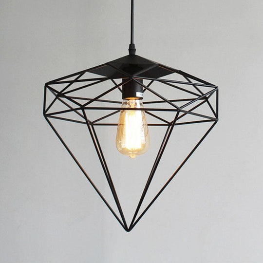 Retro Style Black Iron Gemstone Frame Pendant Ceiling Light For Restaurants - 1 Head Suspension