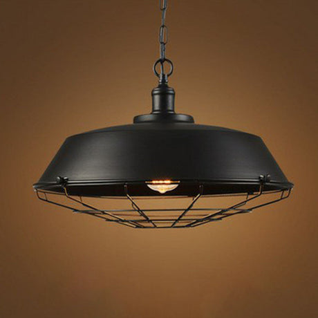 Vintage Pot Lid Iron Pendant With Cage Bottom - Industrial Hanging Lamp In Black