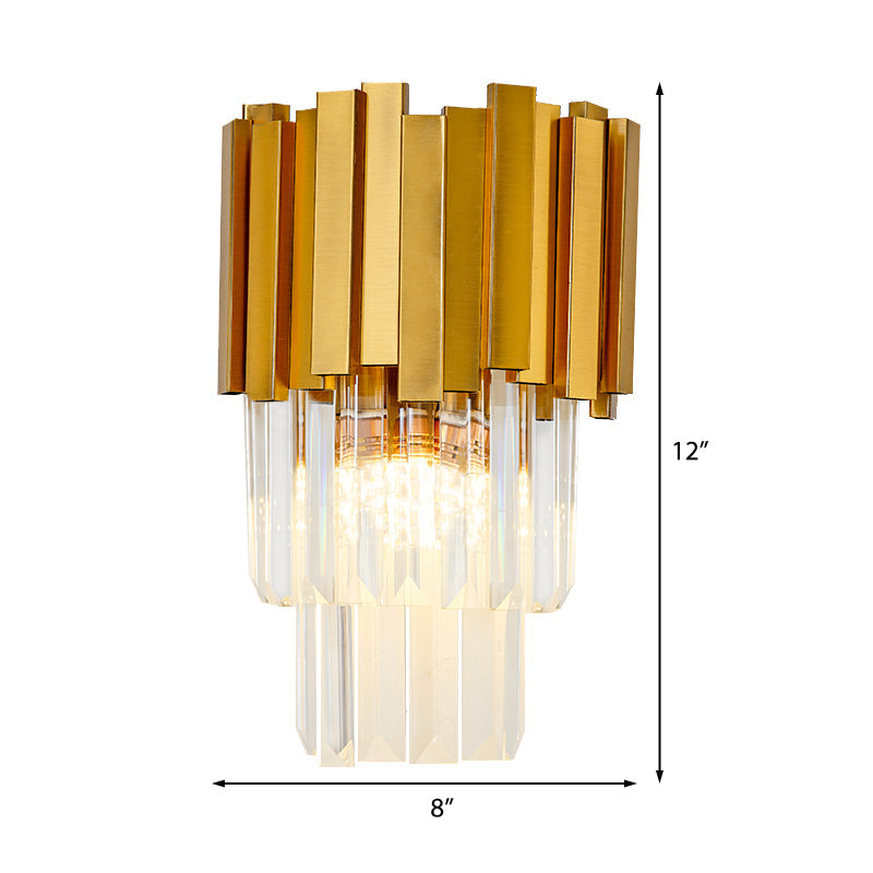 Modern Style Tiered Wall Sconce With Crystal Prism - Golden Metal 1 Light