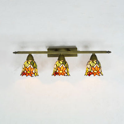 Tiffany Rustic Bell Wall Sconce Lamp: Stained Glass Bathroom Lighting With 3 Pink/Red/Orange/Purple