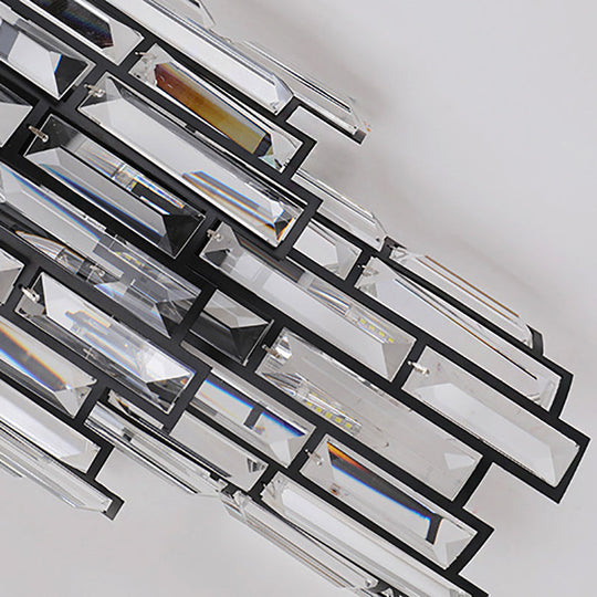 Contemporary Clear Crystal Block Led Wall Lamp In Sleek Black Finish - Ideal For Corridor Lighting