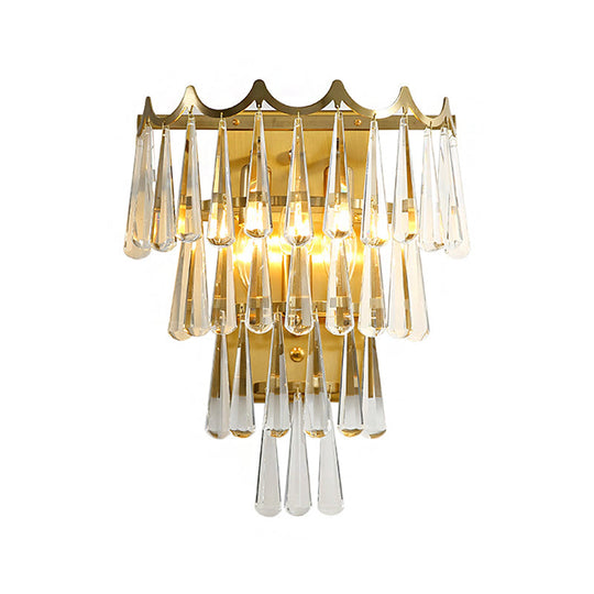 Modern 2-Light Metal Wall Fixture With Crystal Teardrop Shade And Golden Finish
