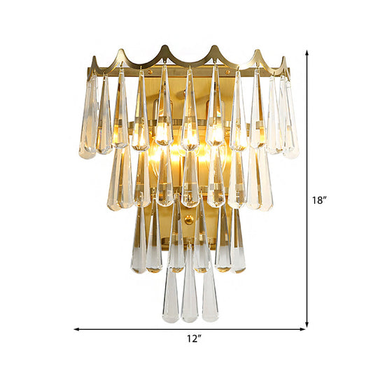 Modern 2-Light Metal Wall Fixture With Crystal Teardrop Shade And Golden Finish