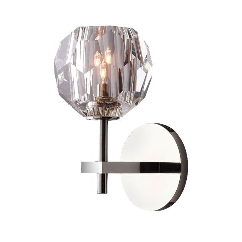 Crystal Faceted Wall Mount Lamp With Chrome Finish And Global Shade- Modern Style 1 Bulb