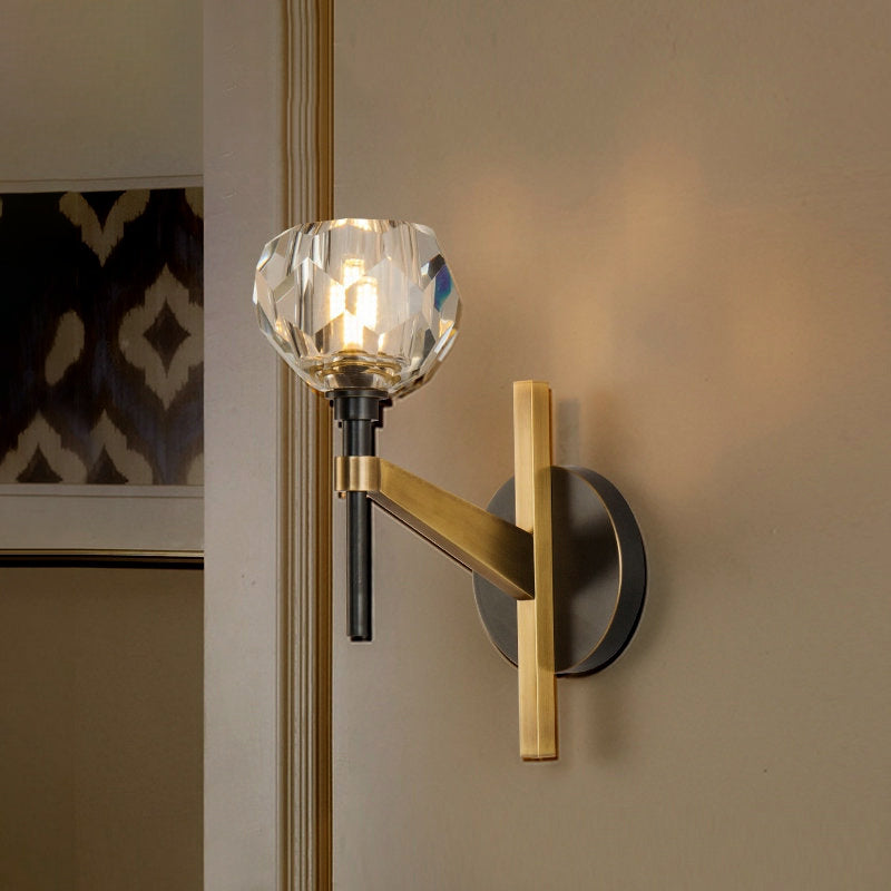 Clear Crystal Dome Wall Sconce Lamp In Brass Finish: Modern Style For Living Room
