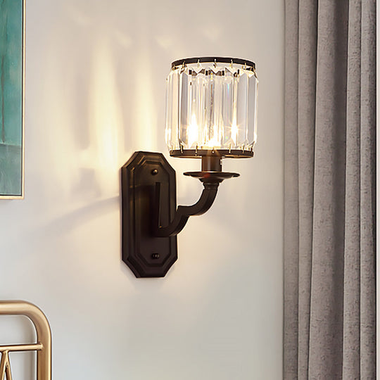 Modern Black/Gold Cylinder Wall Light Sconce With Clear Crystal Accent For Bedroom Black
