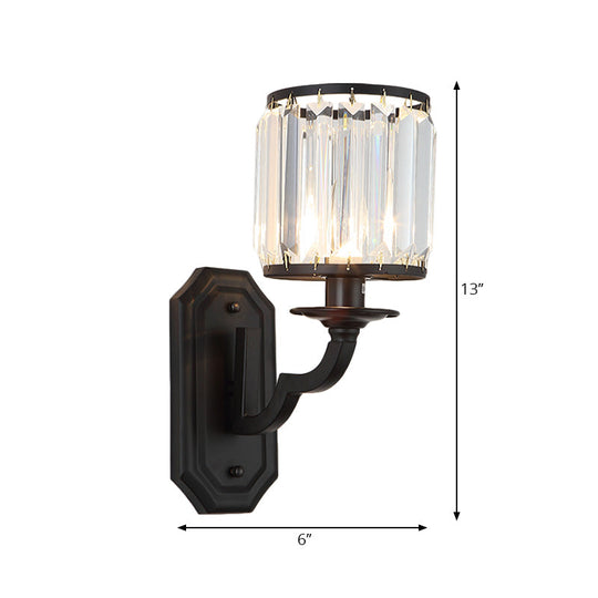 Modern Black/Gold Cylinder Wall Light Sconce With Clear Crystal Accent For Bedroom