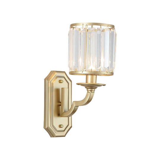 Modern Black/Gold Cylinder Wall Light Sconce With Clear Crystal Accent For Bedroom