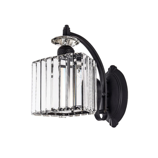 Modern Trapezoid Crystal Wall Light With Curved Arm For Living Room - Black Sconce Lamp