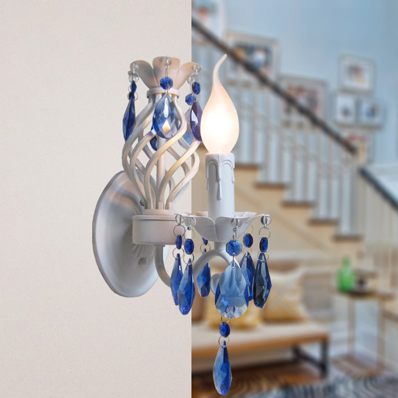 Modern Metal Wall Light With Exposed Bulb White Lamp Blue Crystal Draping