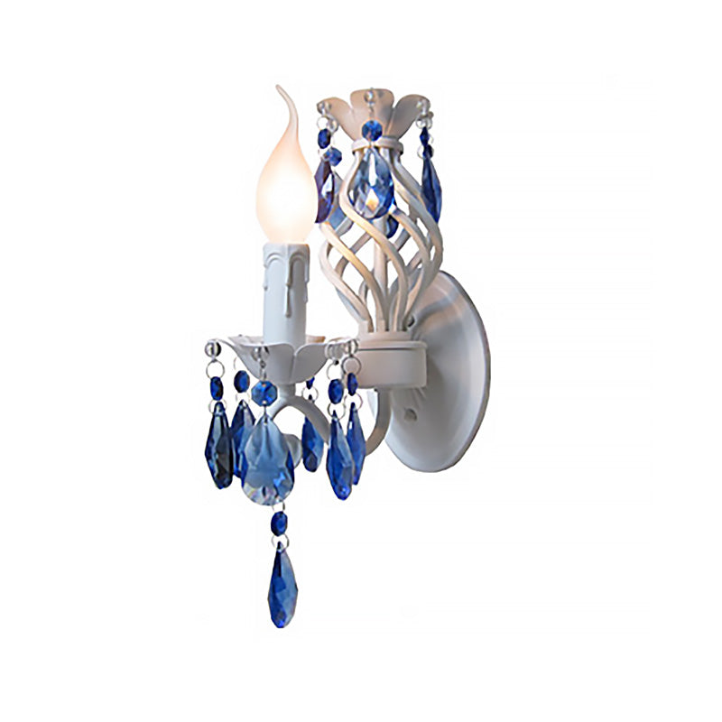 Modern Metal Wall Light With Exposed Bulb White Lamp Blue Crystal Draping