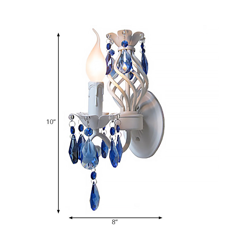 Modern Metal Wall Light With Exposed Bulb White Lamp Blue Crystal Draping