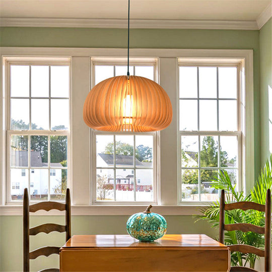 1 Asian Style Wooden Dome Ceiling Light Fixture For Restaurants With Hanging Bulb