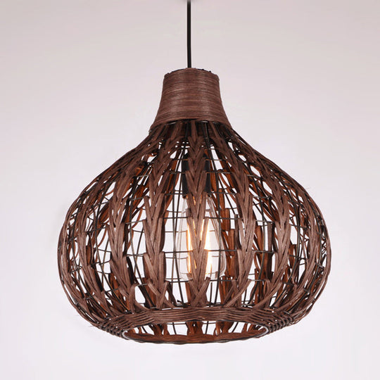 Shaded Onion Ceiling Light - Asian Style Rattan Restaurant Hanging Fixture