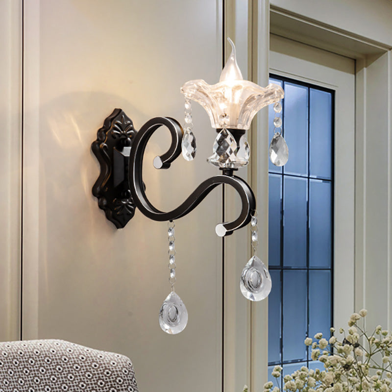 Modern Scalloped Crystal Wall Lamp With Curved Arm In Black