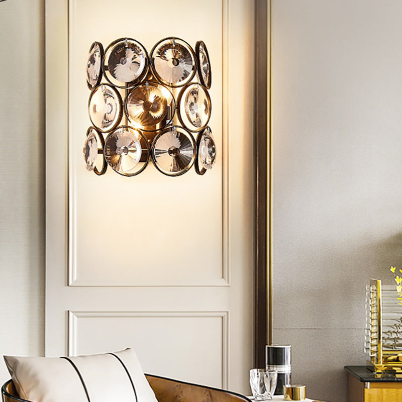 Modern Circles Wall Mount Light With Clear Crystal And Metal Detailing - Black Finish 2-Bulb Bedroom