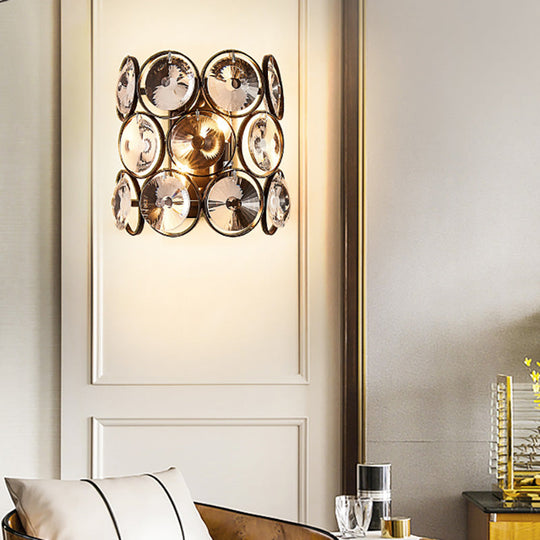 Modern Circles Wall Mount Light With Clear Crystal And Metal Detailing - Black Finish 2-Bulb Bedroom