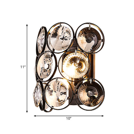 Modern Circles Wall Mount Light With Clear Crystal And Metal Detailing - Black Finish 2-Bulb Bedroom