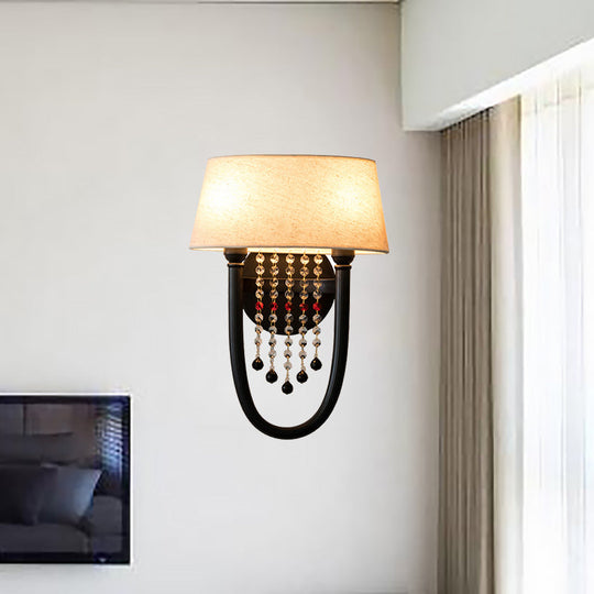 Drum Wall Sconce: Lodge Style Fabric Lamp With Crystal Bead Detail 2 Bulbs And U-Shaped Arm In Black