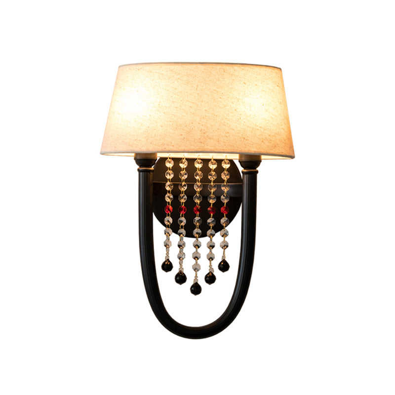 Drum Wall Sconce: Lodge Style Fabric Lamp With Crystal Bead Detail 2 Bulbs And U-Shaped Arm In Black