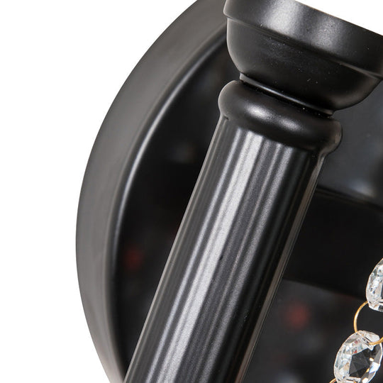 Drum Wall Sconce: Lodge Style Fabric Lamp With Crystal Bead Detail 2 Bulbs And U-Shaped Arm In Black