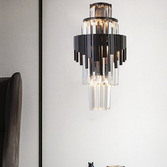 Modern Tiered Sconce Wall Lamp With Clear Crystal And Metal 3 Heads 14/19.5 Height