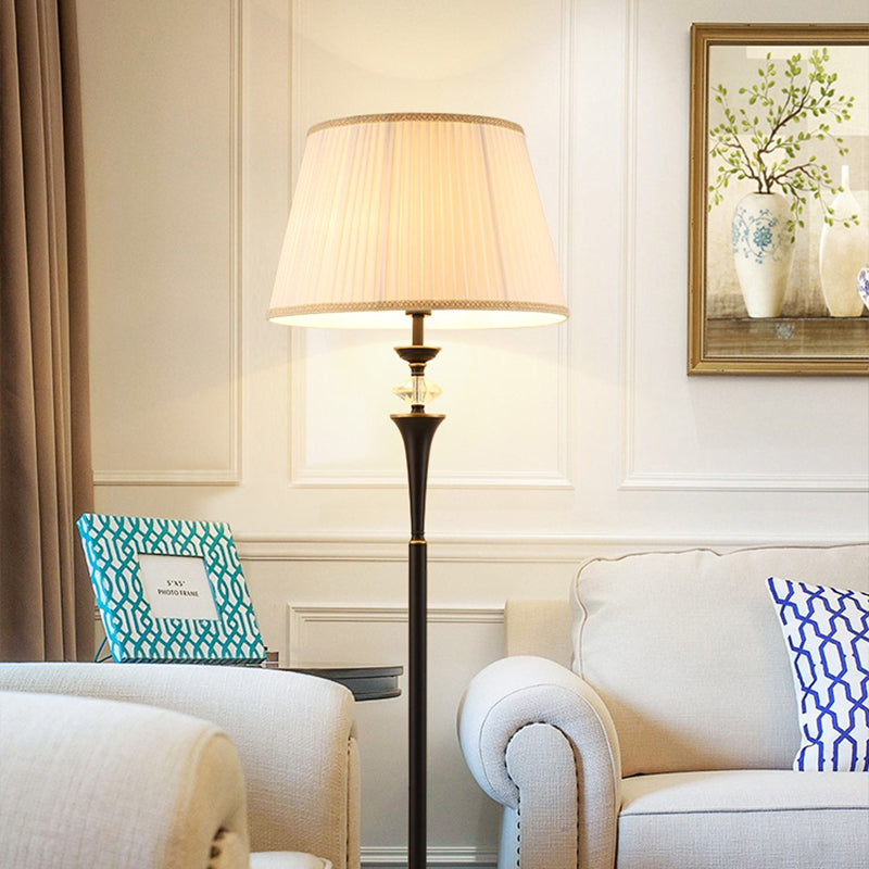 Traditional White Bucket Pleated Fabric Floor Lamp Stand Up Lighting For Living Room