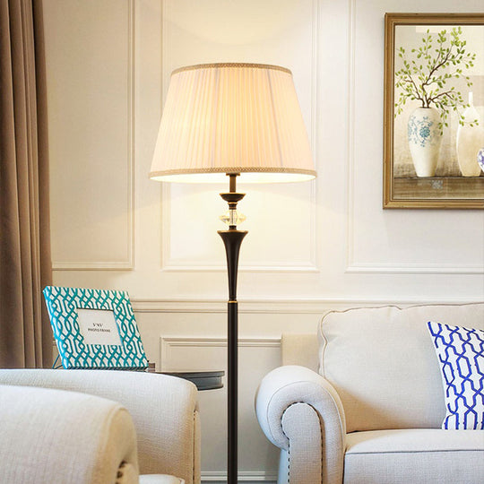 Traditional White Bucket Pleated Fabric Floor Lamp Stand Up Lighting For Living Room