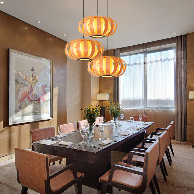 Modern Wood Pendant Light - Rounded Drum Shape Ideal For Restaurants