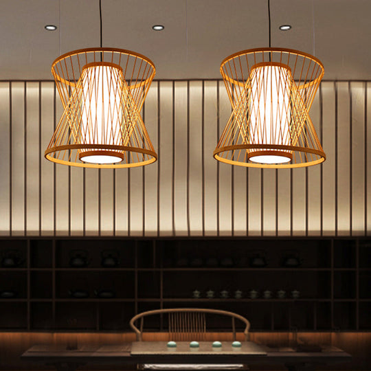 Simplicity Bamboo Pendant Light Fixture With Wood Hourglass Frame And Shaded Suspension Design