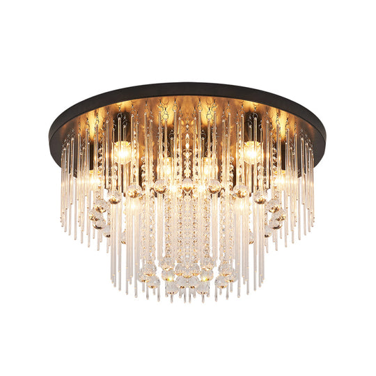 Modernist Black Tiered Flush Ceiling Light: 19.5’/23.5’ Dia 8-Light Crystal Lamp