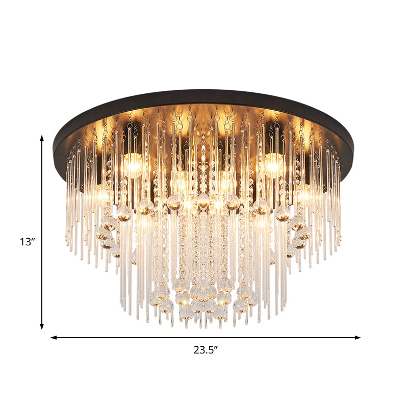 Modernist Black Tiered Flush Ceiling Light: 19.5’/23.5’ Dia 8-Light Crystal Lamp