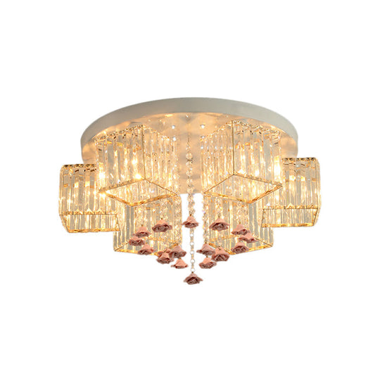 Modern Cubic Flush Mount Crystal Ceiling Light With Pink Rose Draping - 19.5’/23.5’ Dia 5/6