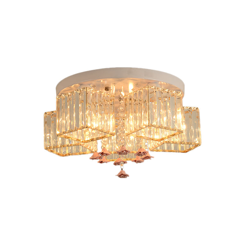 Modern Cubic Flush Mount Crystal Ceiling Light With Pink Rose Draping - 19.5’/23.5’ Dia 5/6