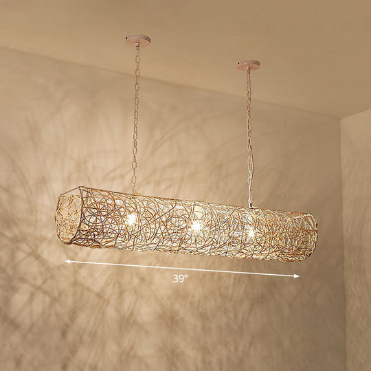 Cylindrical Rattan Island Pendant Light - Southeast Asian Style With 3 Bulbs For Tea Room Ceiling
